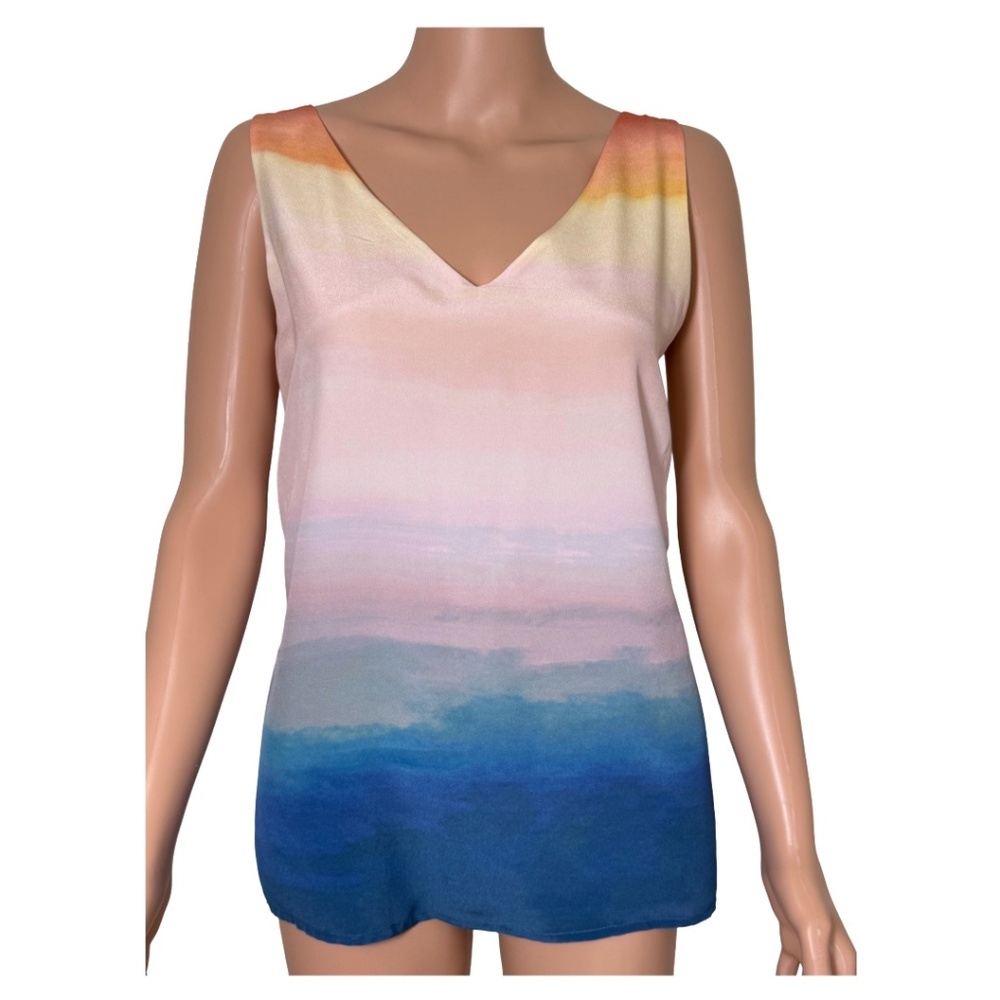 Ecru 100% Silk Ombre Sunset Tank Top Lace Up Back Blue Pink Size L